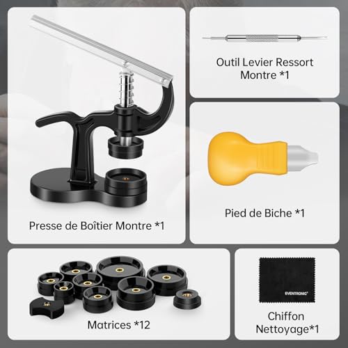 Eventronic Presse de Boîtier Montre 12 Tailles de Moules, Outil de Réparation de Montre Précis pour Fermoir Arrière, Too